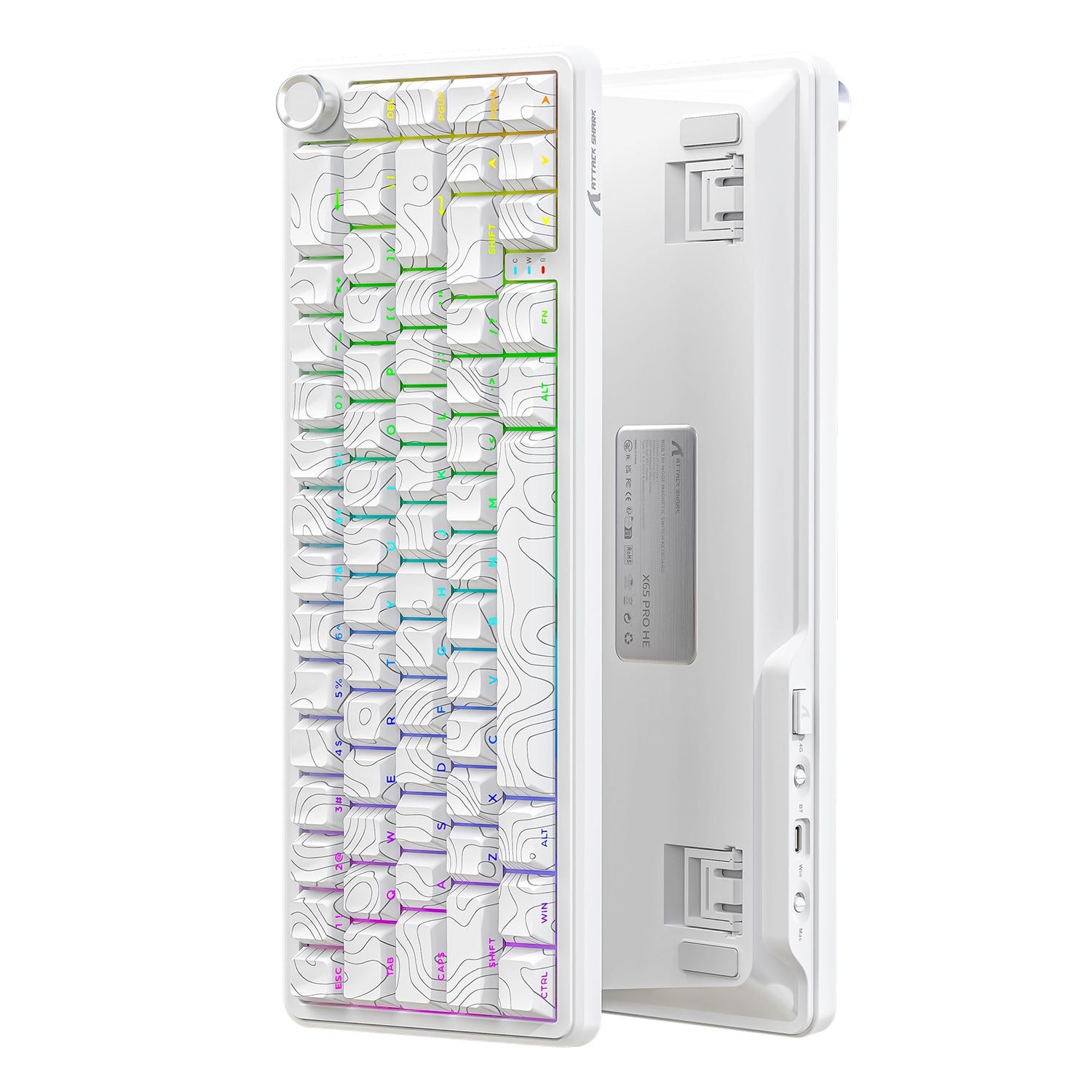 ATTACK SHARK X65PRO HE white keyboard with topographical map keycaps and RGB lighting.