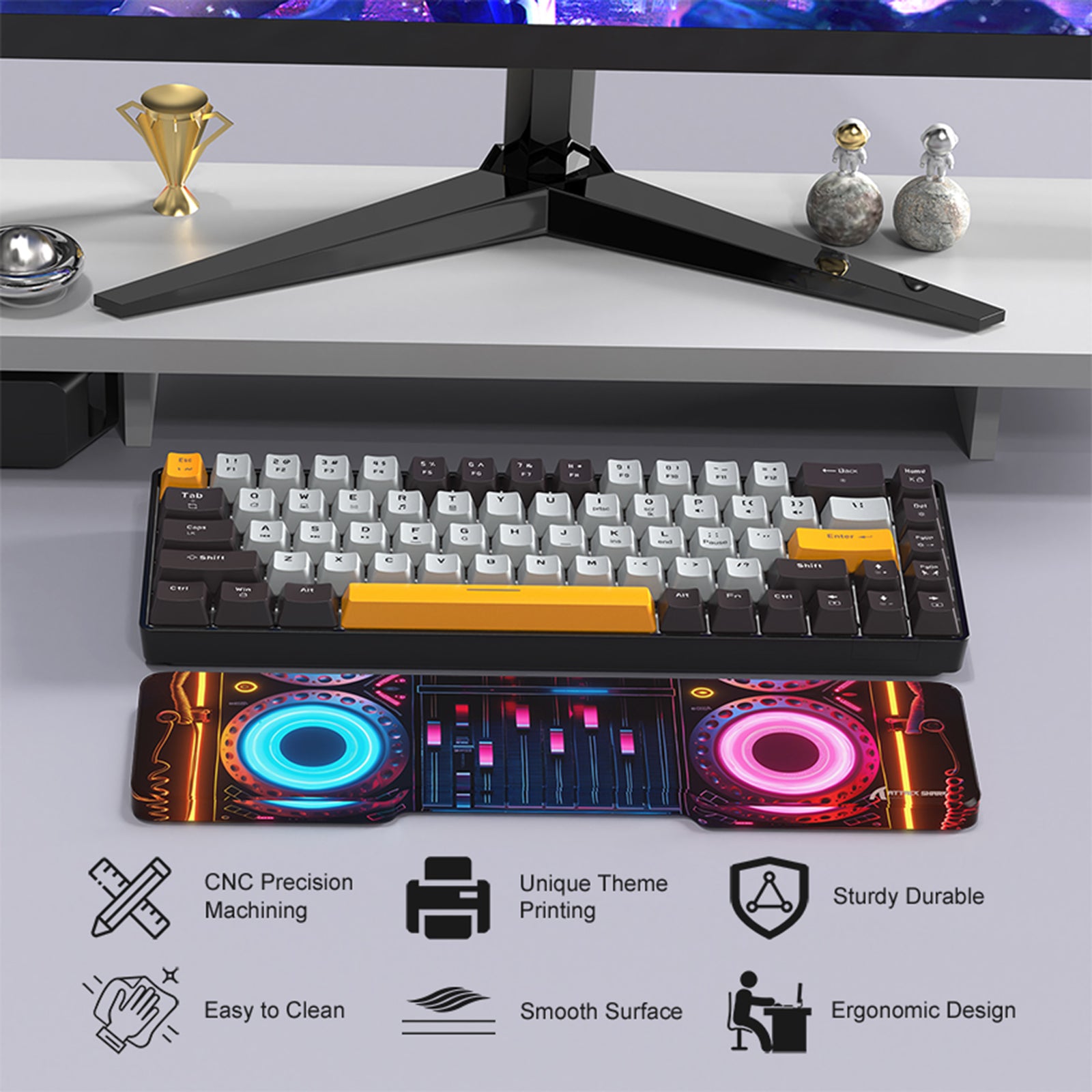 ATTACK SHARK Acrylic Wrist Rest with Punk theme, complementing a compact keyboard.