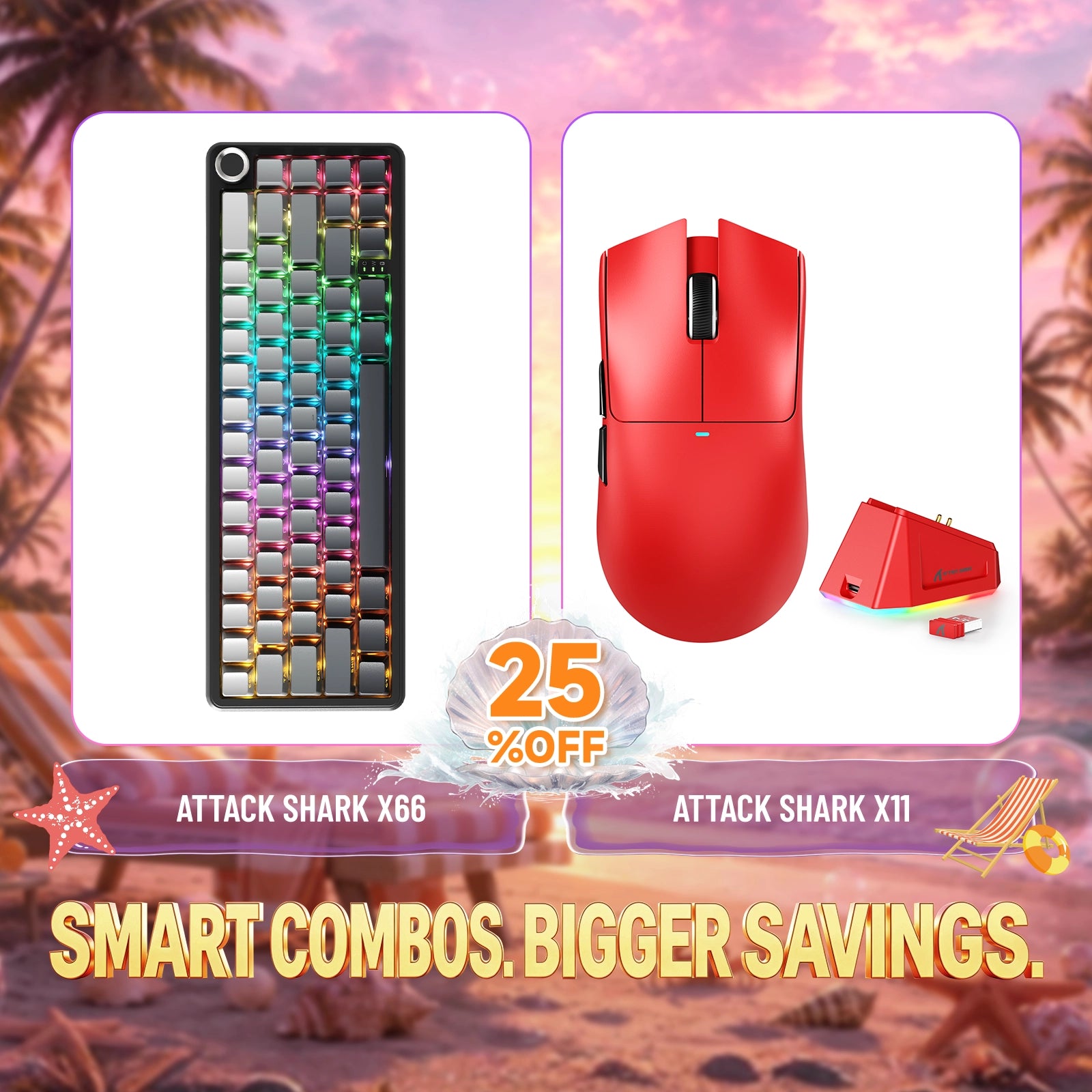 ATTACK SHARK X66 RGB wireless mechanical keyboard and X11 red gaming mouse bundle, 25% off