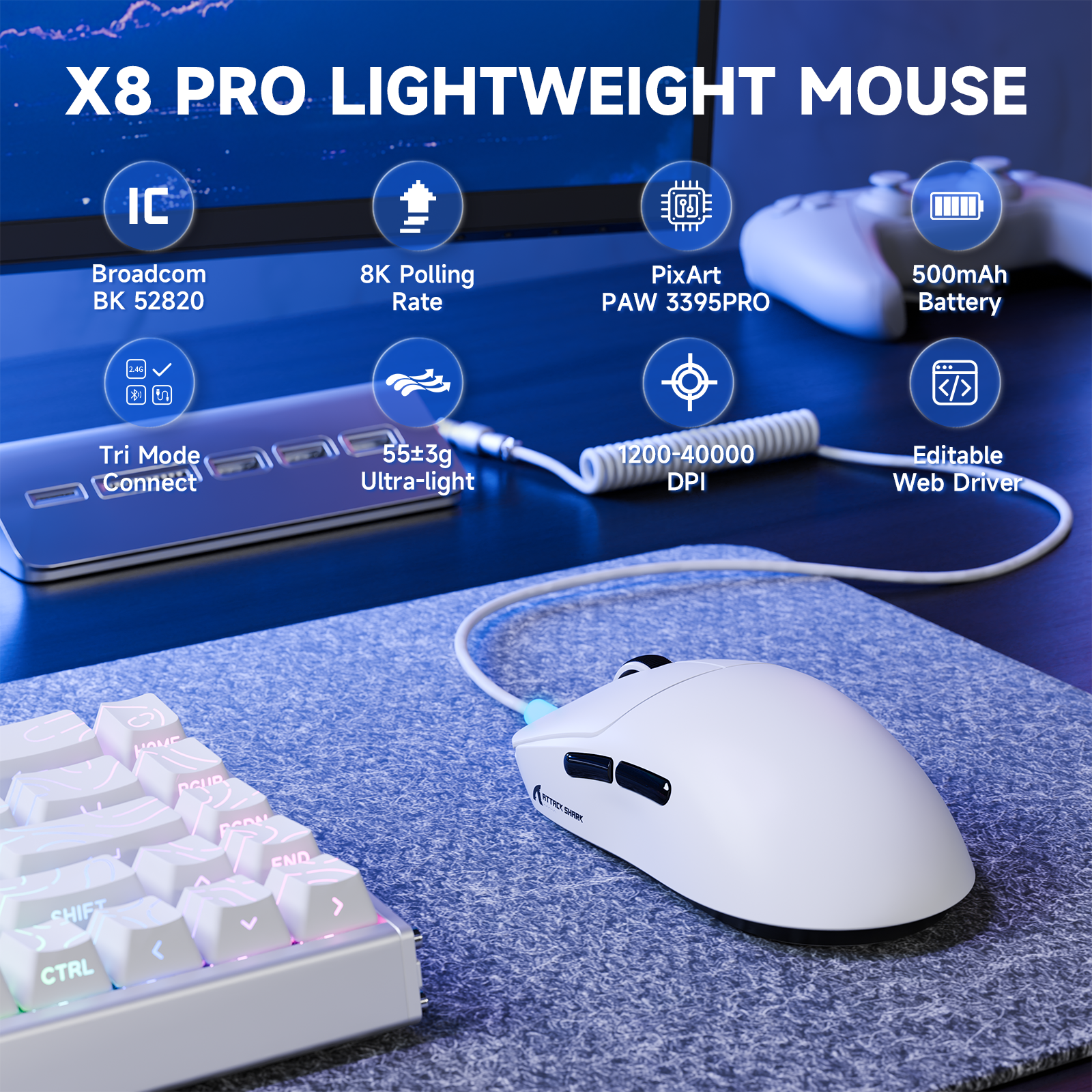 White X8 Pro lightweight gaming mouse with tri-mode connectivity, 8K polling rate, PixArt PAW3395PRO sensor, and 55g ultra-light design.