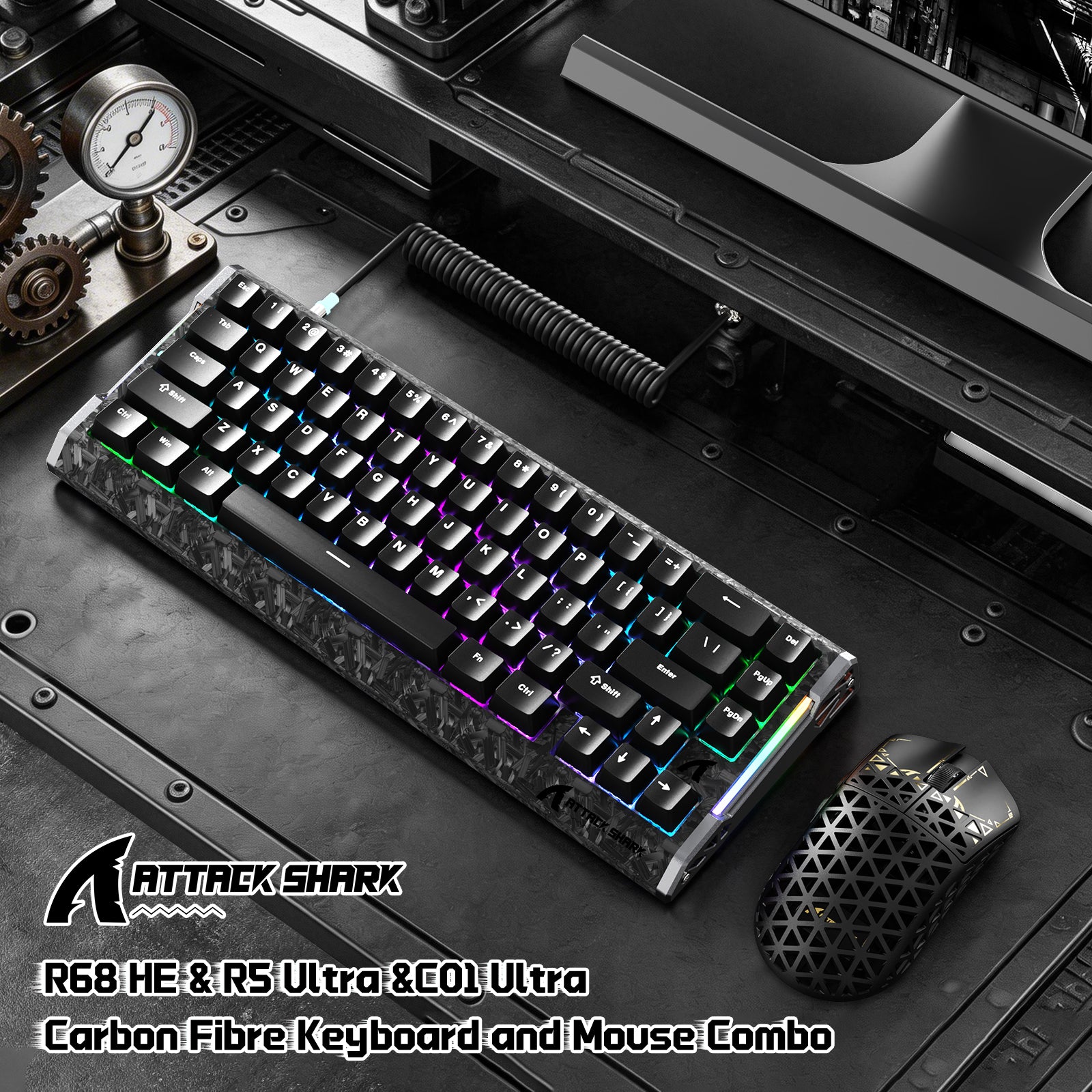 ATTACK SHARK R68 HE & R5 ULTRA Carbon Fiber Gaming Bundle With C01 ULTRA Coiled Cable