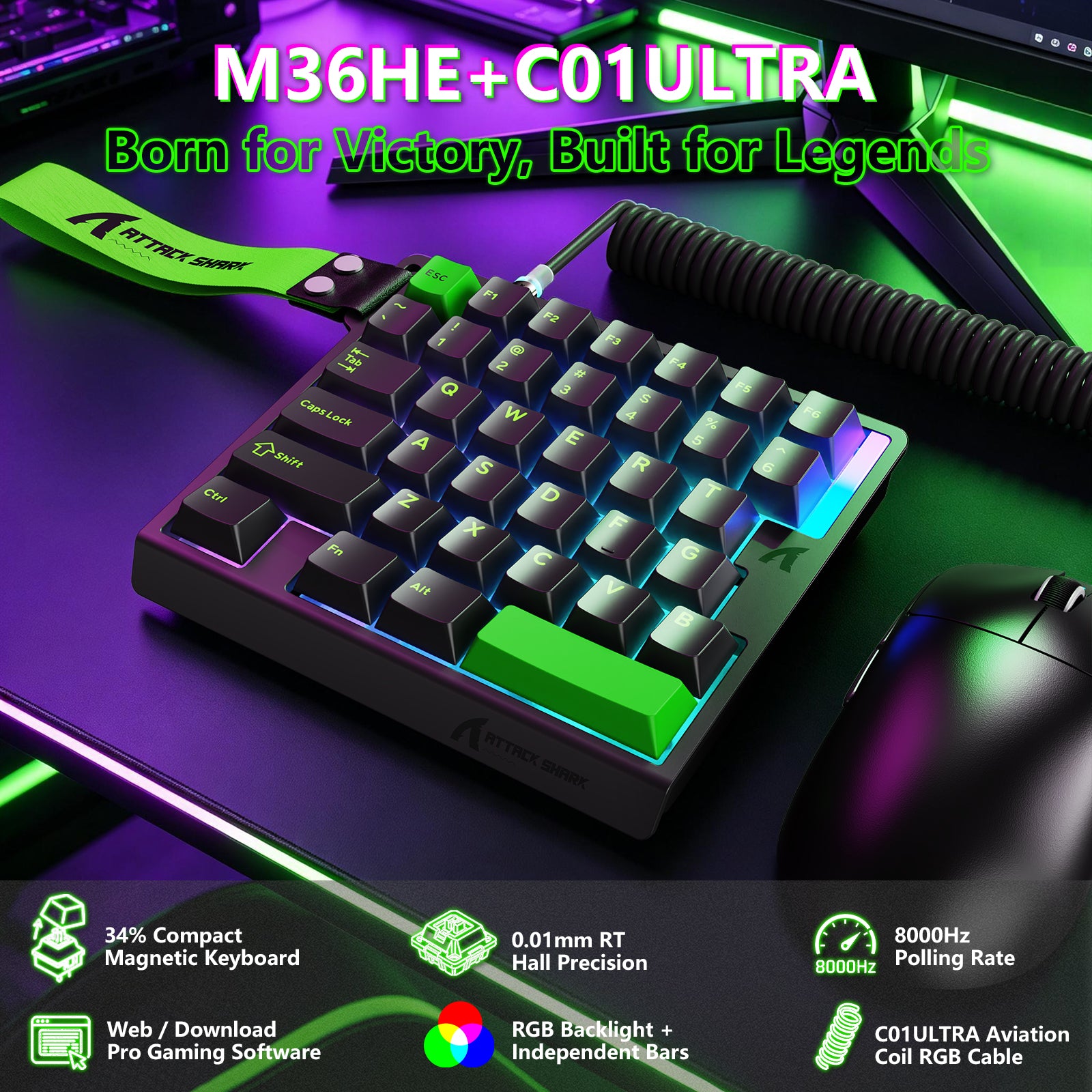 ATTACK SHARK M36 HE One-Handed Magnetic Switch Keyboard & C01 ULTRA LED Aviator Cable