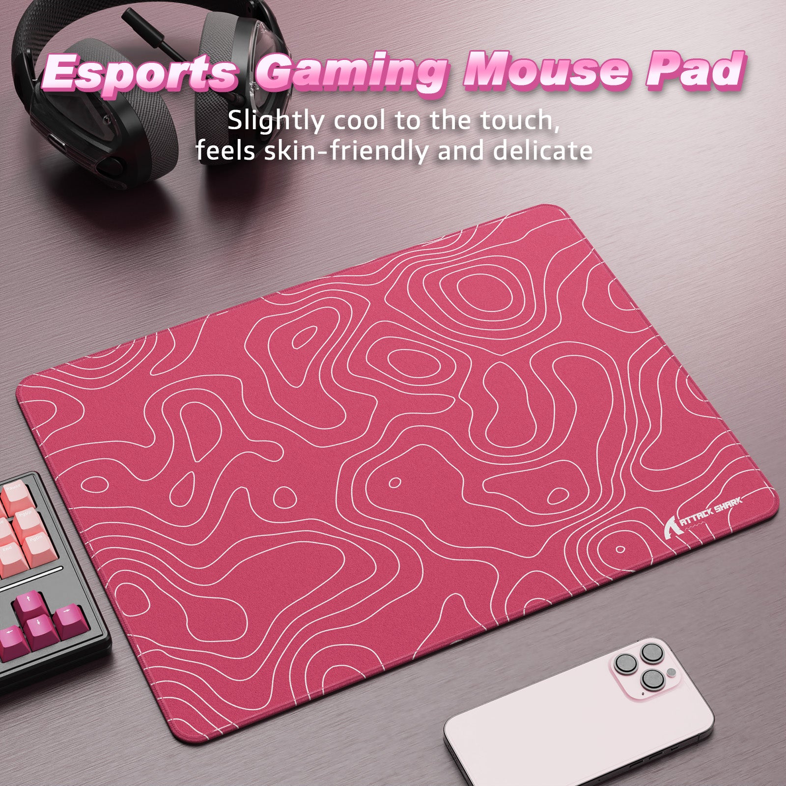 Pink ATTACK SHARK eSport gaming mousepad with topographic pattern and stitched edges
