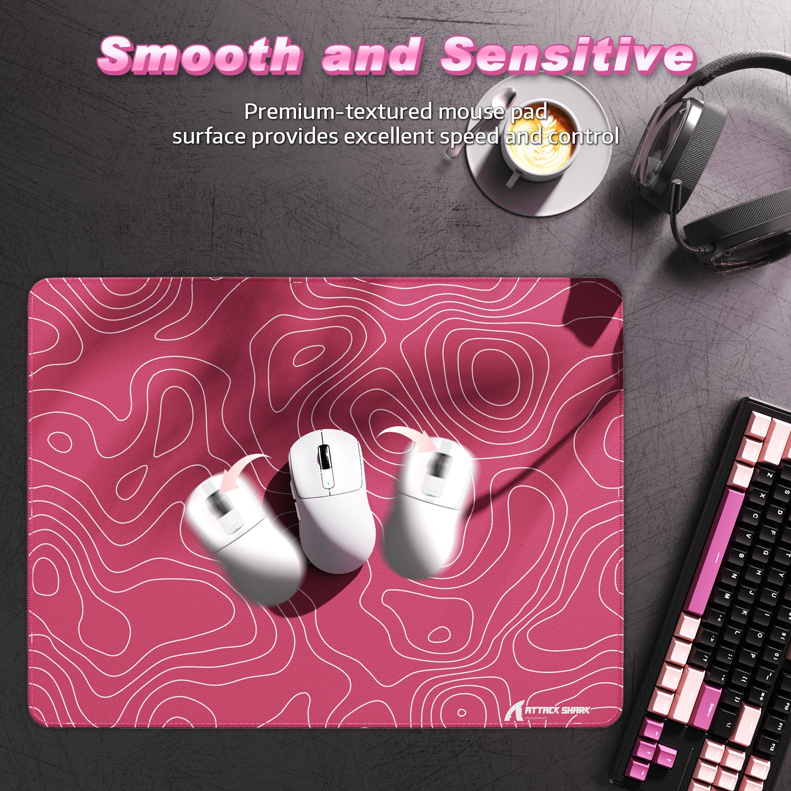Pink ATTACK SHARK gaming mousepad with textured control surface and anti-slip base