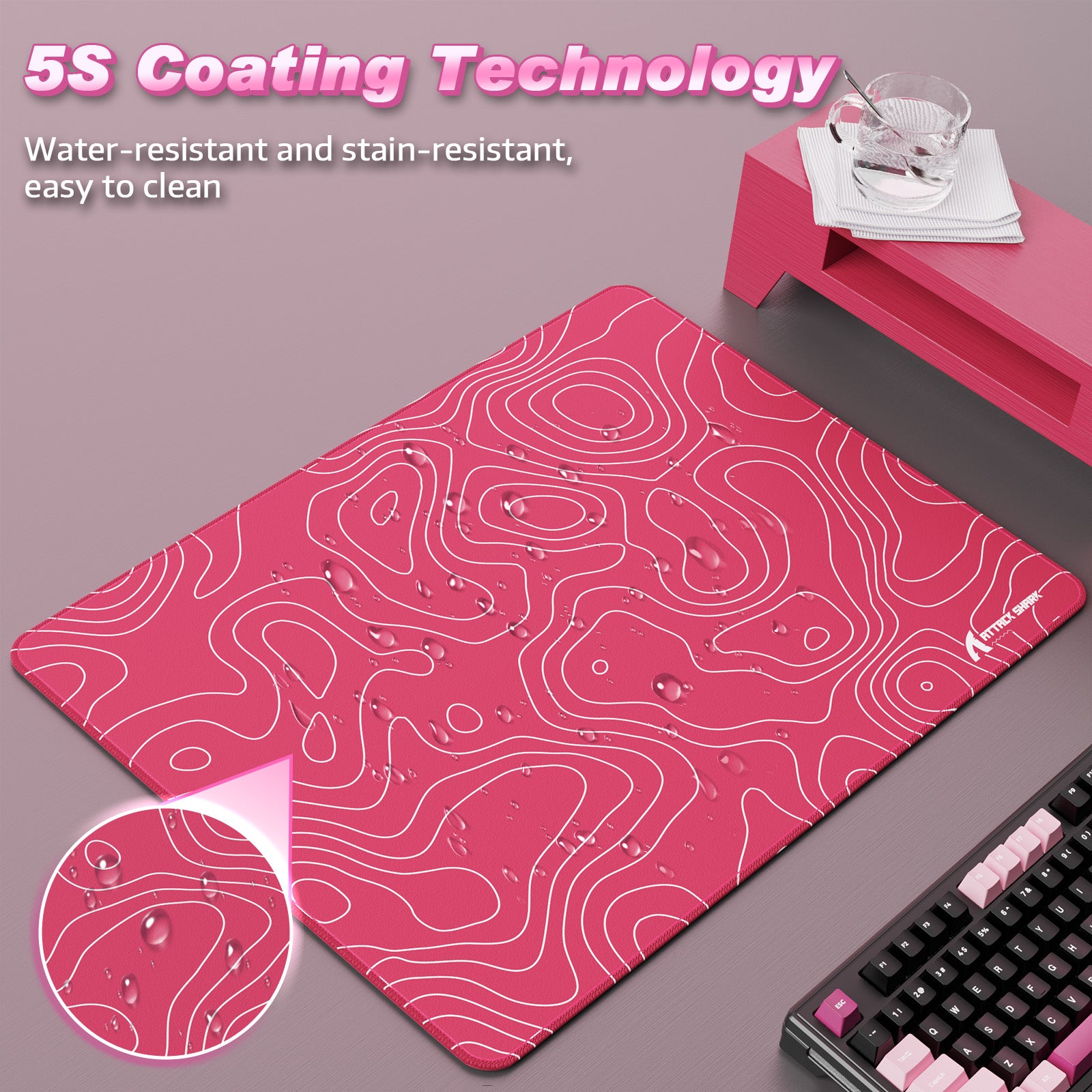 Pink ATTACK SHARK CM02SE gaming mousepad with 5S water-resistant coating and water droplets