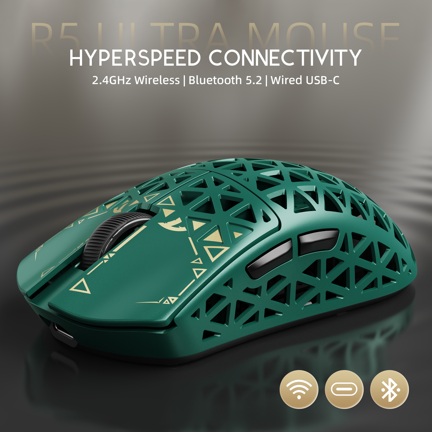 ATTACK SHARK R5 Ultra green carbon fiber gaming mouse, hollow design with gold accents. Hyperspeed connectivity: 2.4GHz Wireless, Bluetooth 5.2, Wired USB-C.