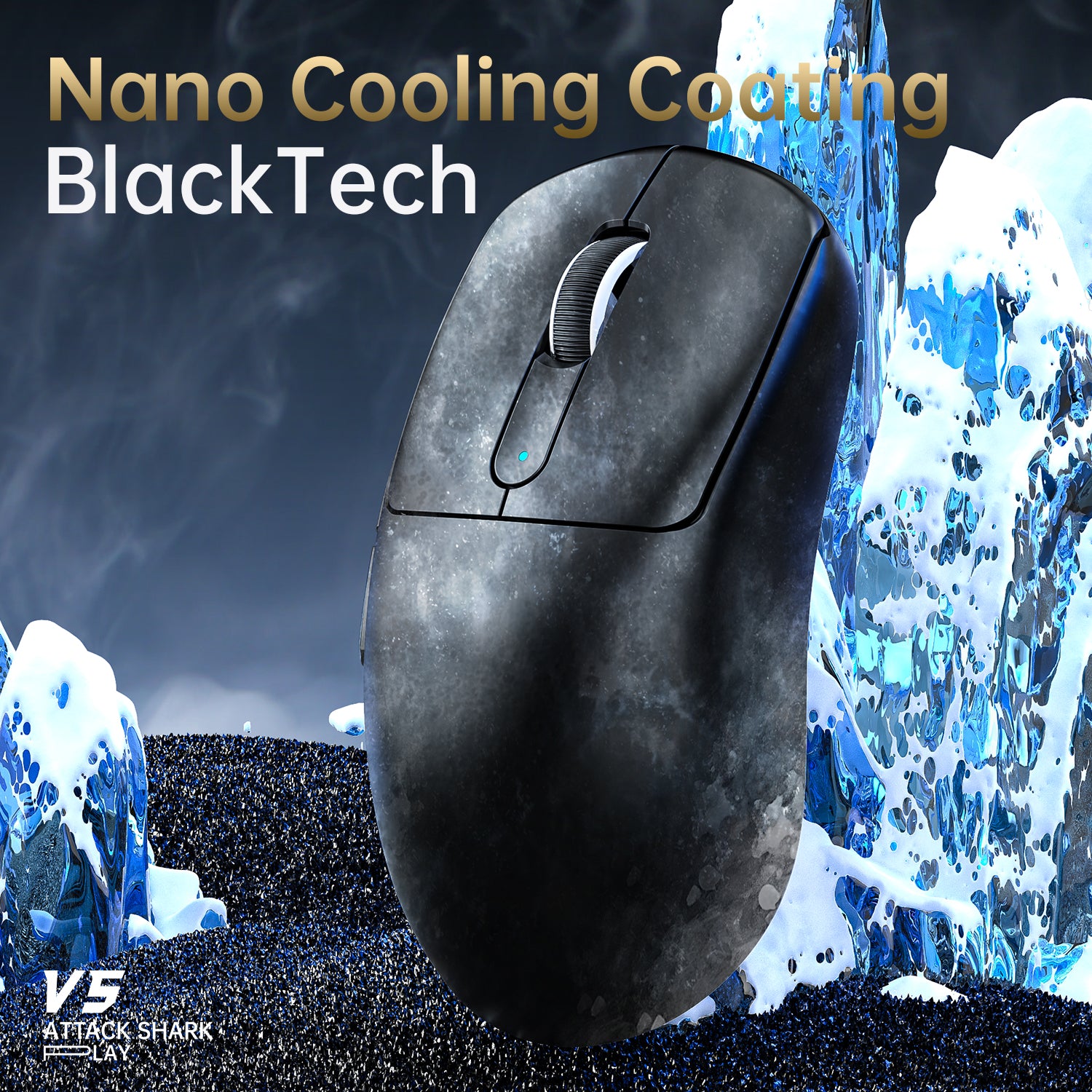 ATTACK SHARK V5 black wireless gaming mouse featuring nano cooling coating, ice-sensitive surface, and ergonomic gaming design