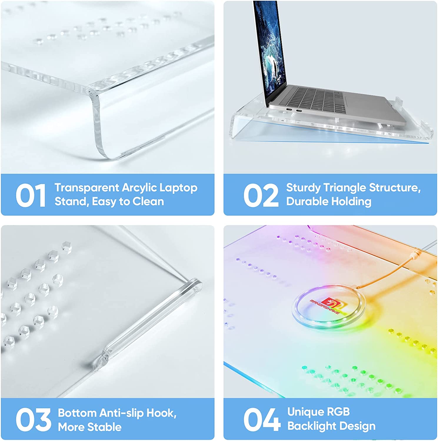 Transparent acrylic laptop stand with triangular structure, anti-slip hook and RGB backlight