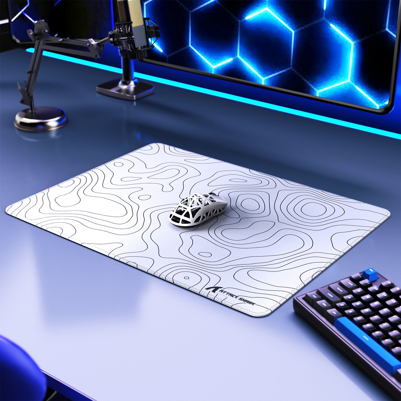 White ATTACK SHARK CM02SE esports gaming mousepad with contour line pattern on a desk