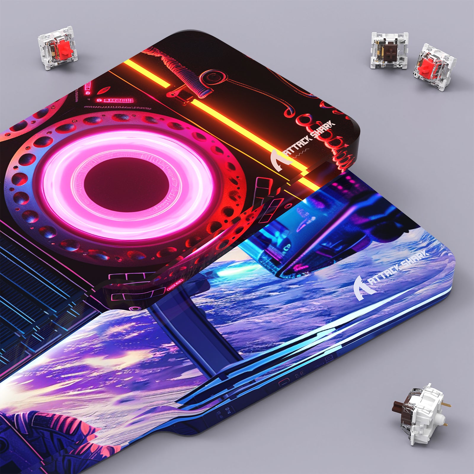 ATTACK SHARK acrylic wrist rest with astronaut/punk designs. Translucent, ergonomic, smooth. Keyboard switches shown.