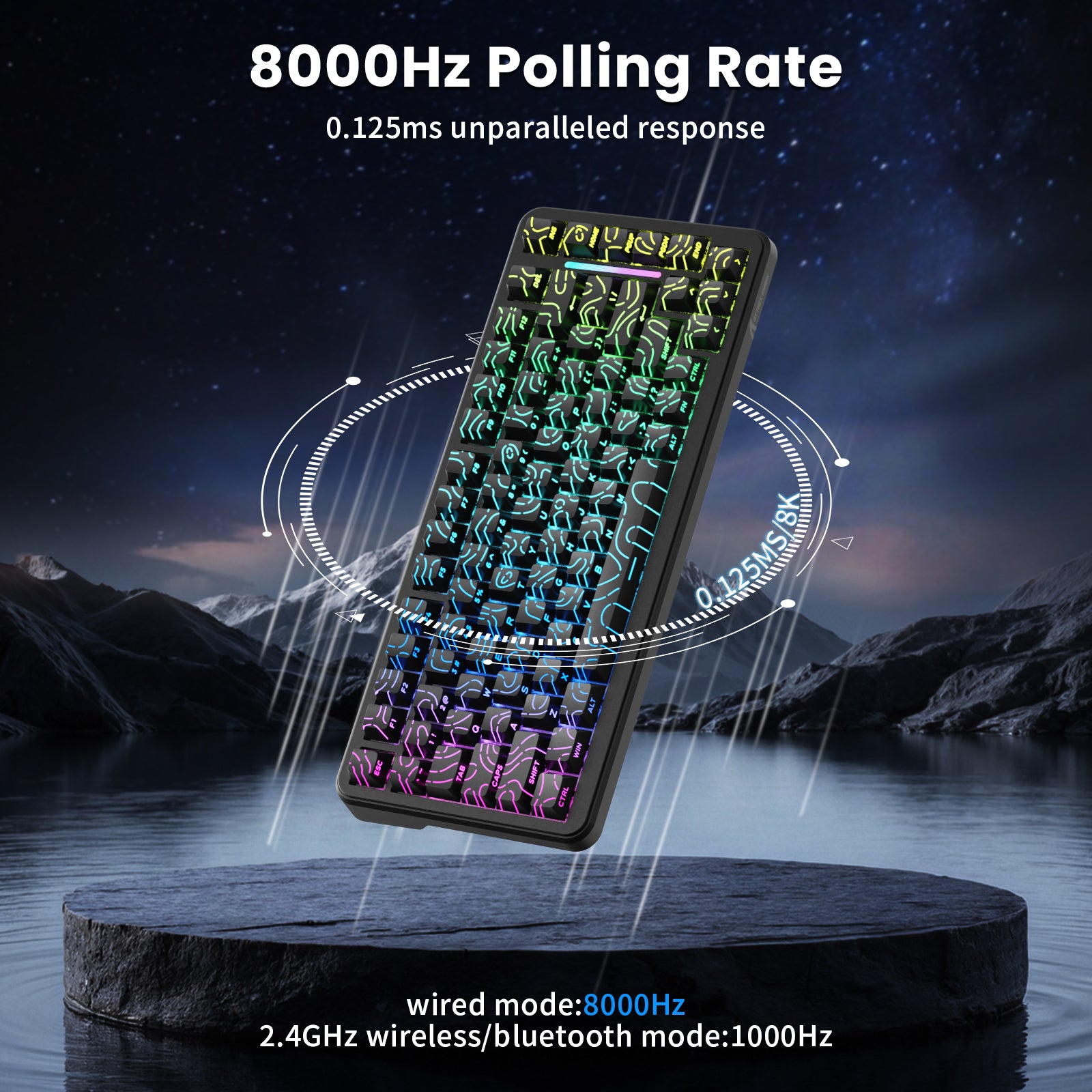 ATTACK SHARK X82PRO HE keyboard, 8000Hz polling rate, RGB, and 0.125ms response time. Wired, wireless, and Bluetooth.