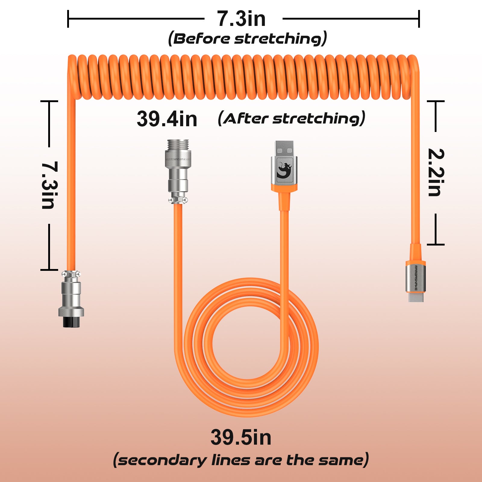 Orange coiled ATTACK SHARK C04 keyboard cable with silver aviation connector and USB-A plug.