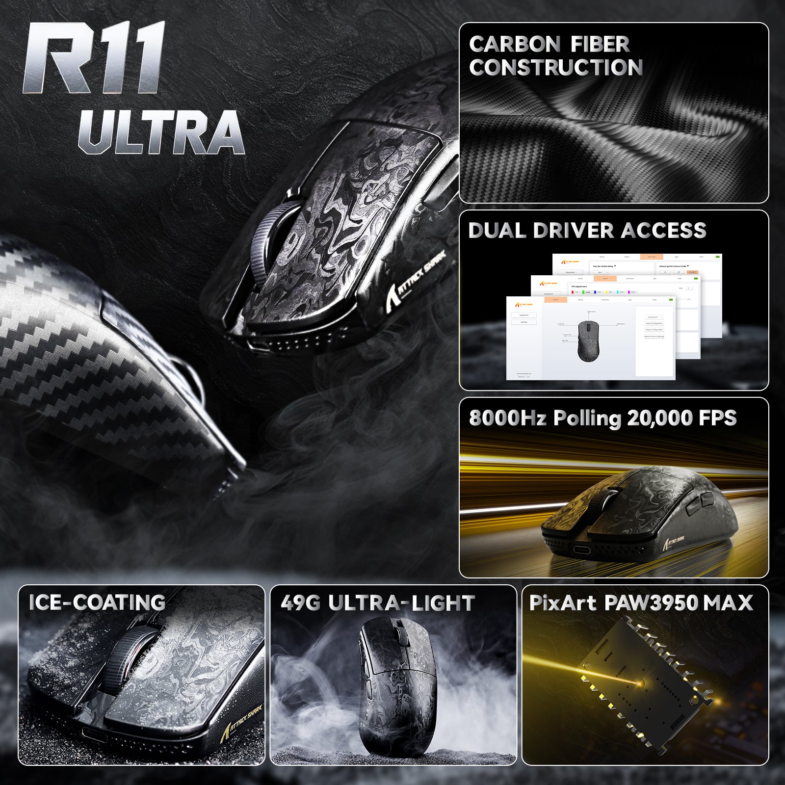 ATTACK SHARK R11 ULTRA Carbon Fiber Wireless 8K PAW3950MAX Gaming Mouse