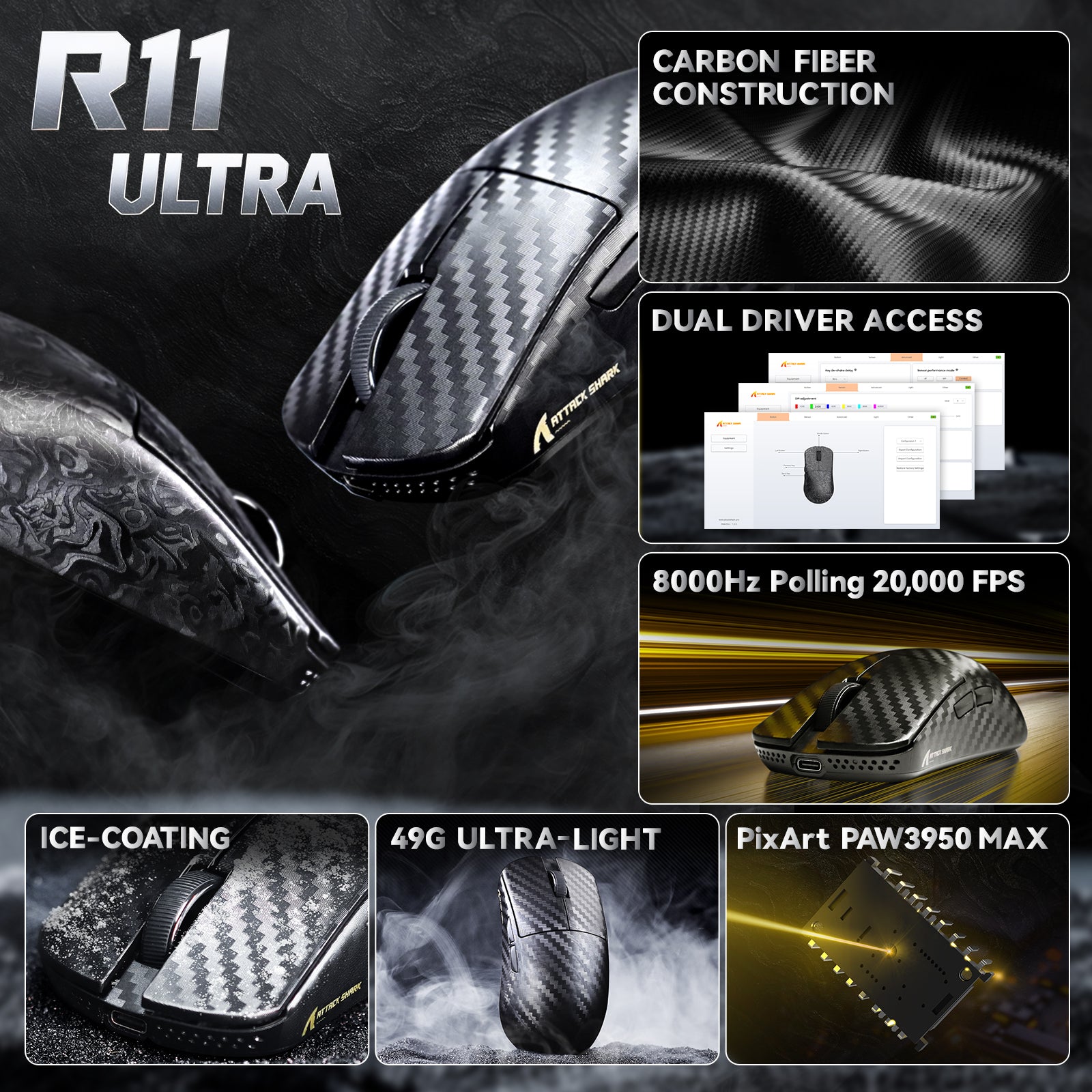 ATTACK SHARK R11 ULTRA Carbon Fiber Wireless 8K PAW3950MAX Gaming Mouse