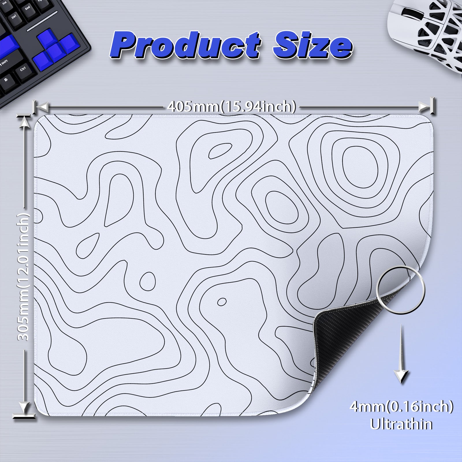 ATTACK SHARK CM02SE gaming mousepad, 405x305mm, 4mm ultrathin, white topographic design