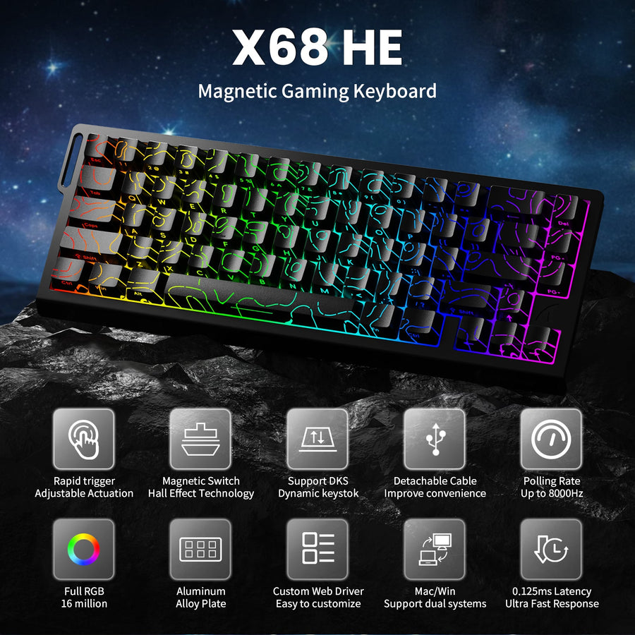 ATTACK SHARK X68 HE Rapid Trigger Keyboard Magnetic Switch with C01PRO Coiled Cable - ATTACK SHARK X68 HE Magnetic Gaming Keyboard with Features