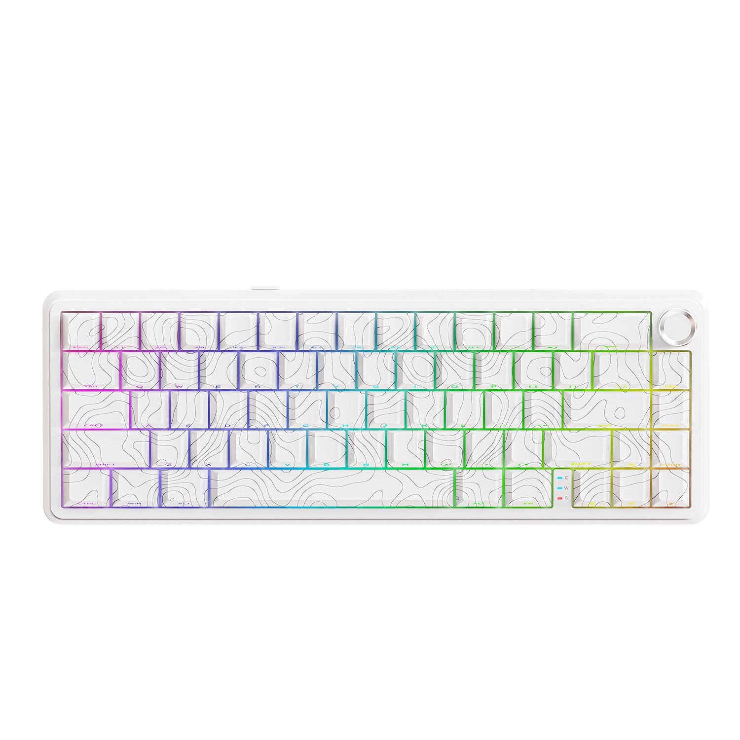 ATTACK SHARK X65PRO HE keyboard with white PBT keycaps featuring a topographic map design and RGB backlighting.
