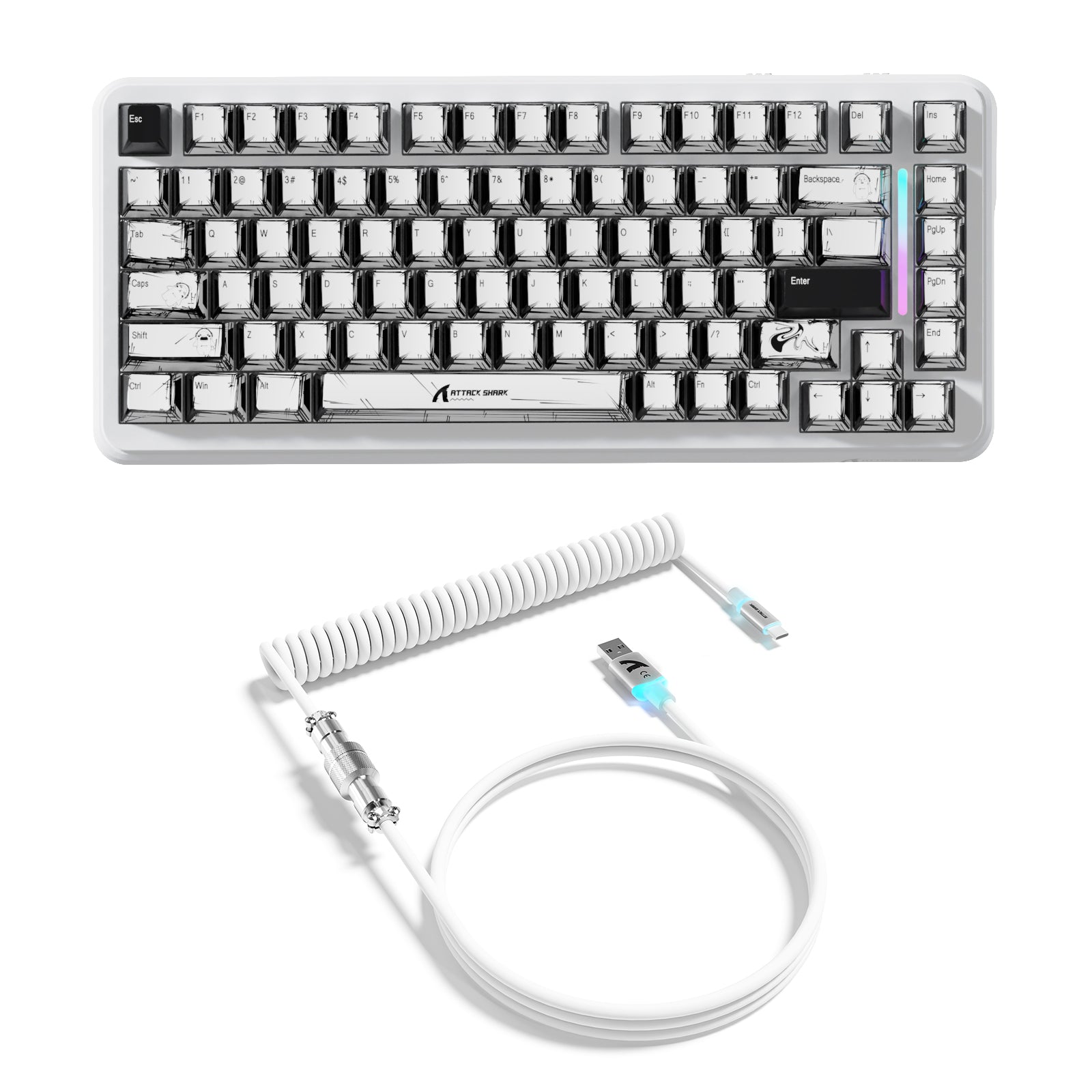 ATTACK SHARK X82PRO HE white keyboard with white coiled cable. 75% layout, RGB, and PBT keycaps.