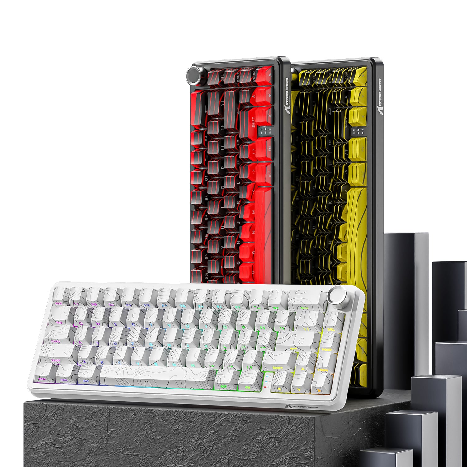 ATTACK SHARK X65PRO HE rapid trigger keyboard with topographic map keycaps, alongside red and yellow models.