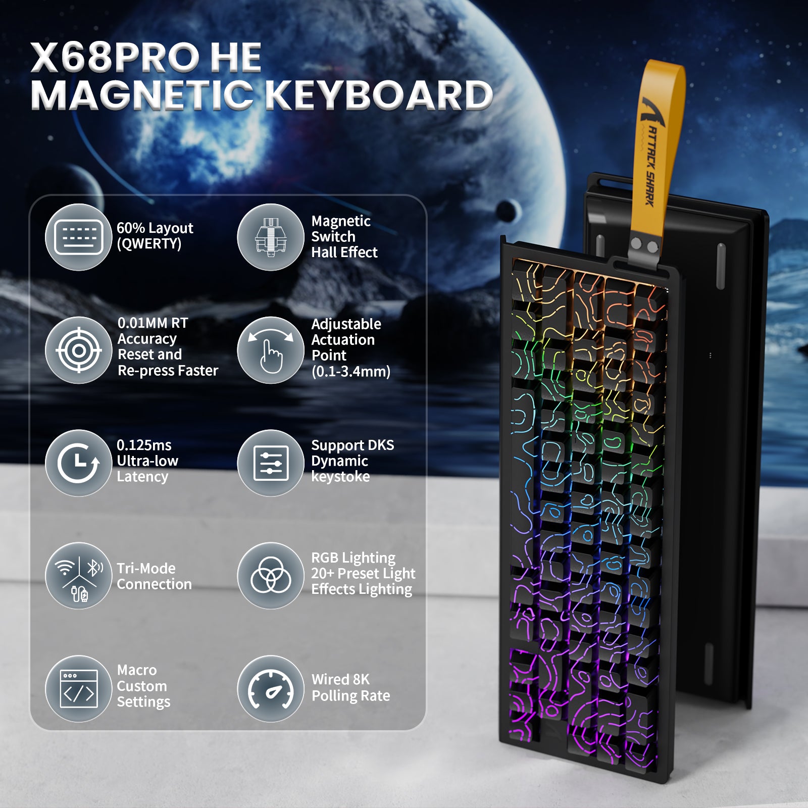 ATTACK SHARK X68PRO HE Magnetic Keyboard: 60% layout, magnetic switches, RGB lighting, 0.01mm RT accuracy.