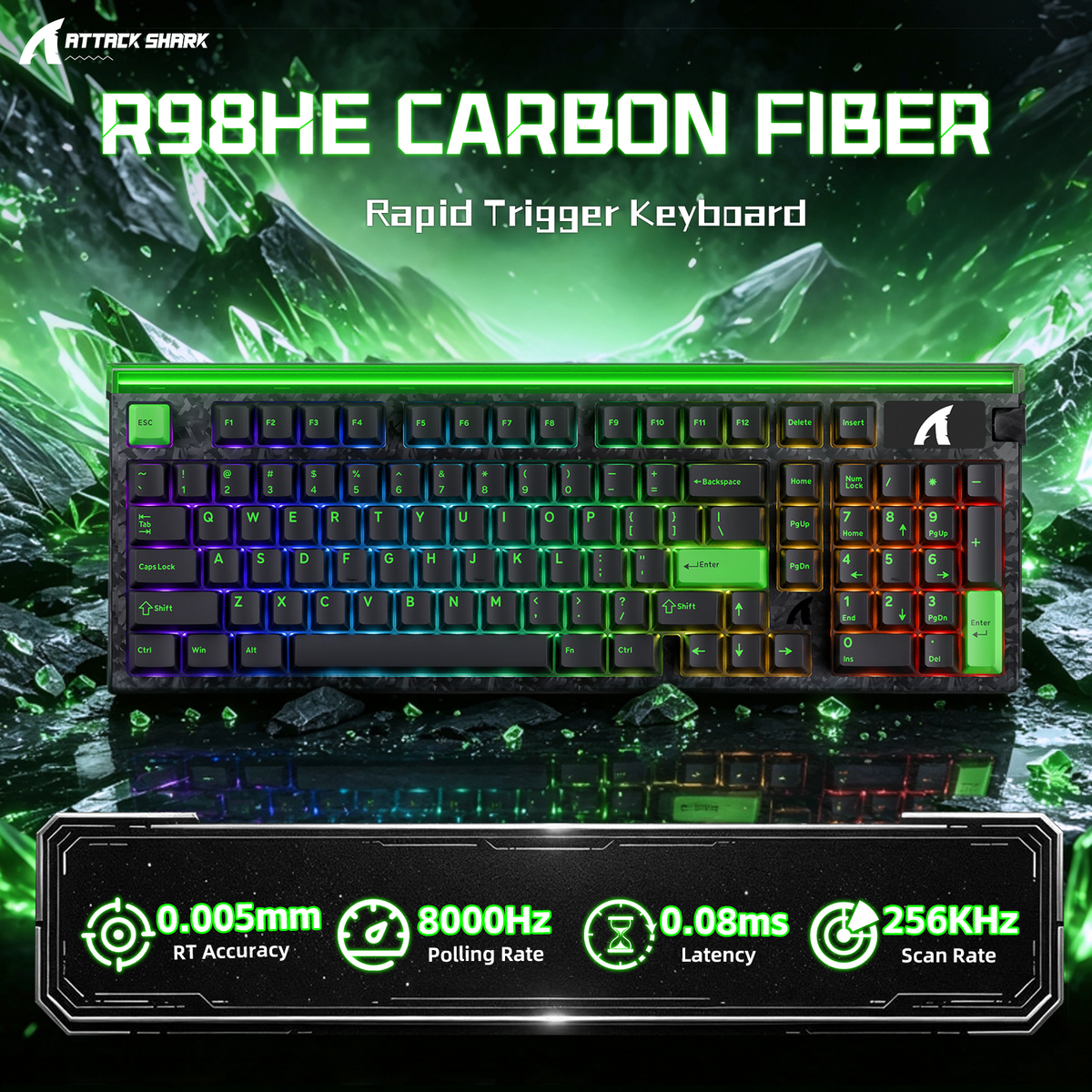 ATTACK SHARK R98 HE Carbon Fiber Wired Rapid Trigger Magnetic Switch Keyboard With C01 Ultra RGB Coiled Cable