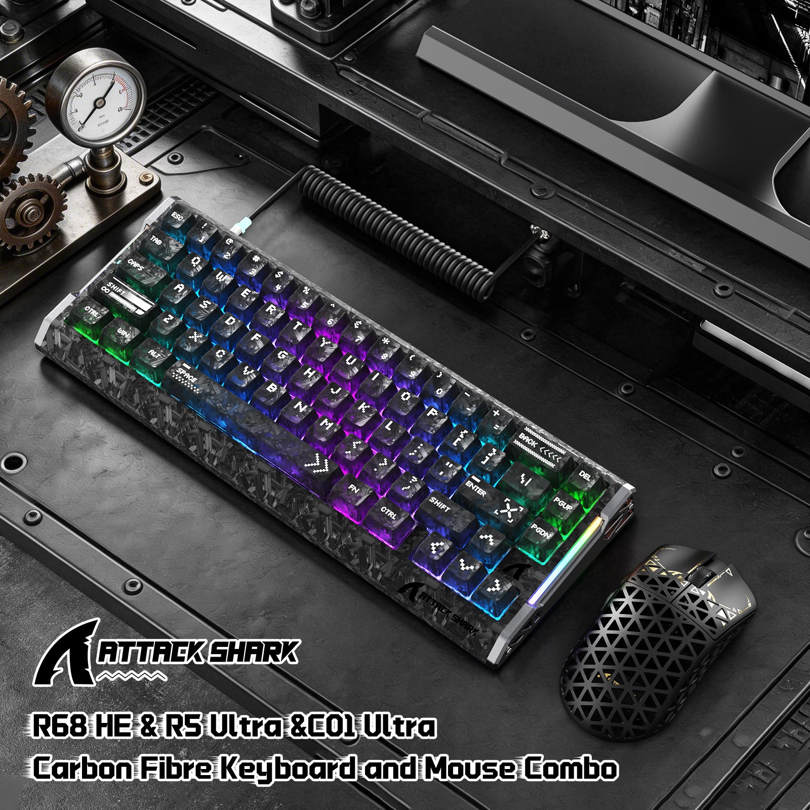 ATTACK SHARK R68 HE & R5 ULTRA Carbon Fiber Gaming Bundle With C01 ULTRA Coiled Cable