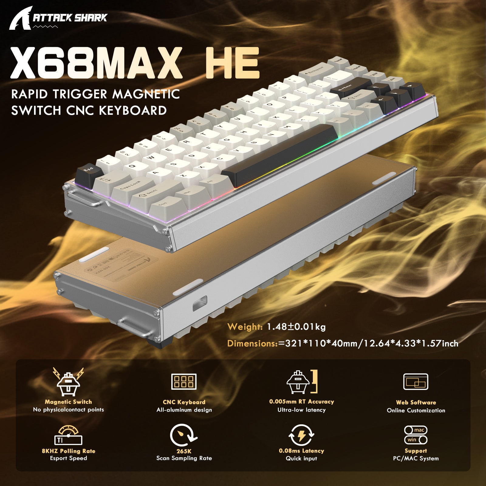 ATTACK SHARK X68MAX HE Rapid Trigger CNC Aluminum Keyboard Magnetic Switch with C01Ultra RGB Coiled Cable