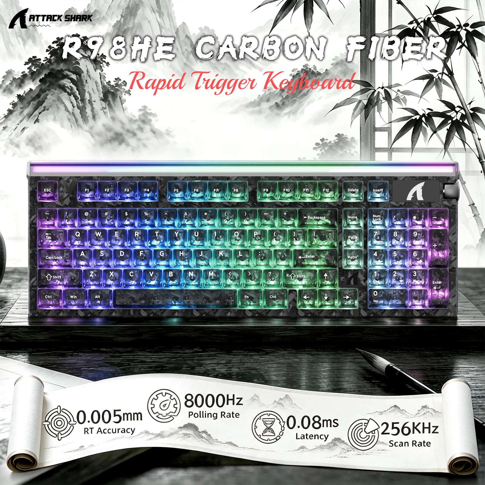 ATTACK SHARK R98 HE Carbon Fiber Wired Rapid Trigger Magnetic Switch Keyboard With C01 Ultra RGB Coiled Cable