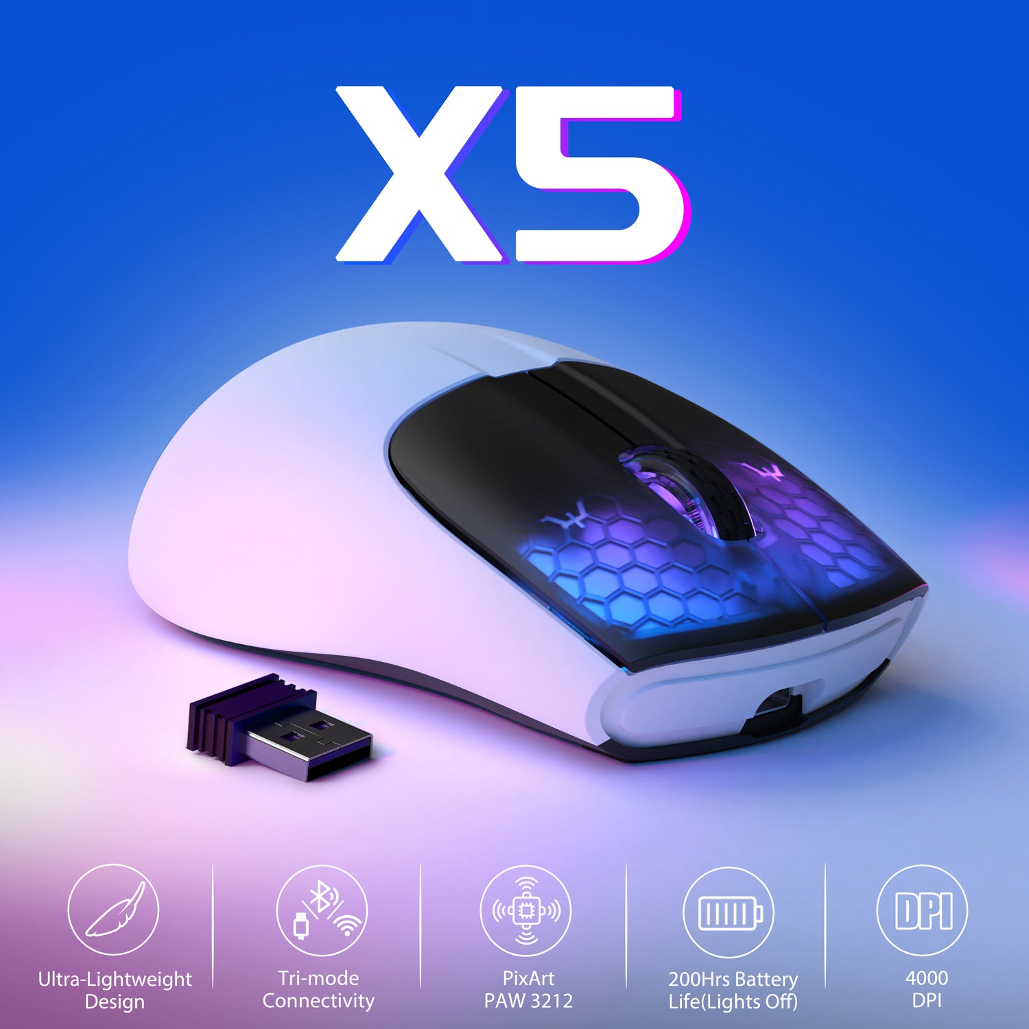 ATTACK SHARK X5 black wireless gaming mouse with translucent honeycomb shell and RGB lighting