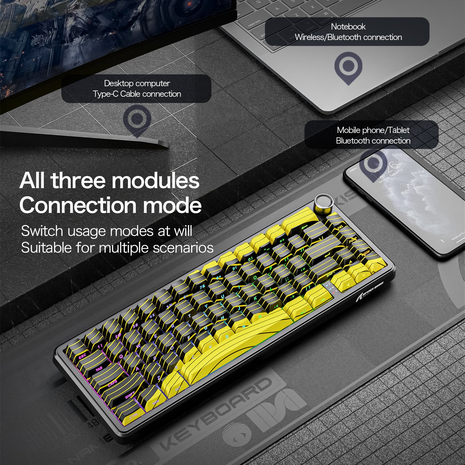 ATTACK SHARK X65 Pro keyboard - Triple mode connectivity, multiple scenarios.