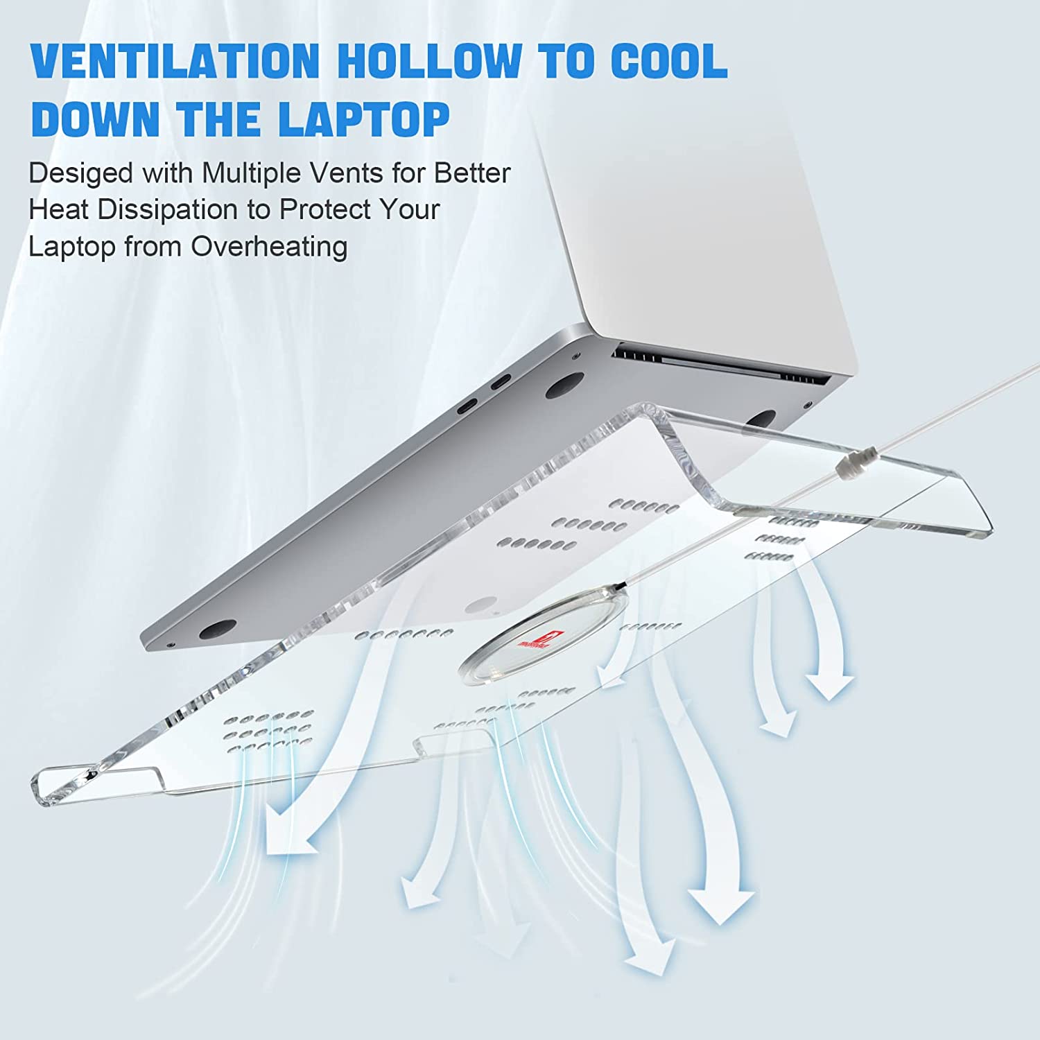 Clear acrylic laptop riser with ventilation holes and cooling airflow