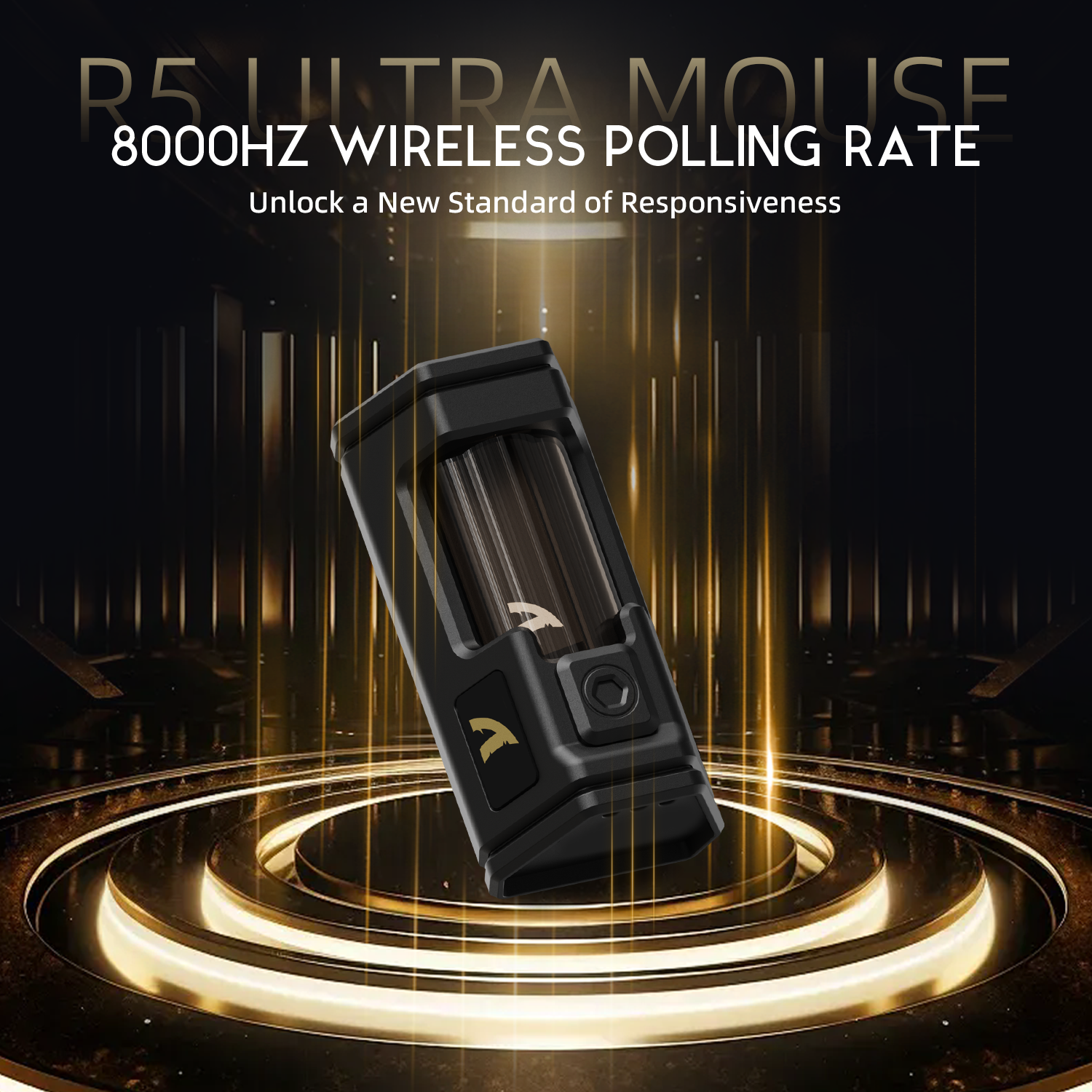 ATTACK SHARK R5 Ultra gaming mouse with 8K wireless polling rate, presented on a futuristic golden platform.