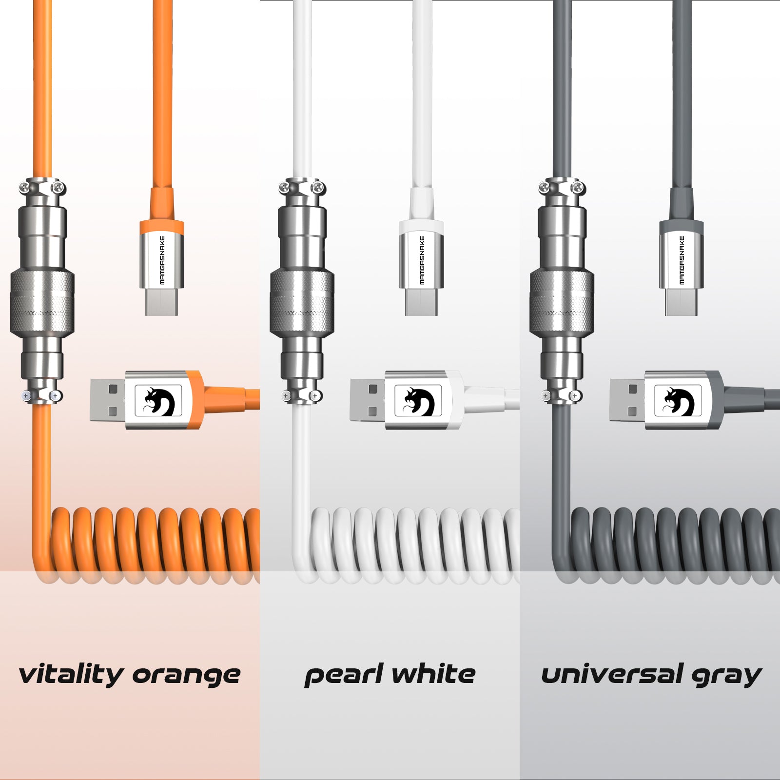 ATTACK SHARK C04 coiled cable in vitality orange, pearl white, and universal gray with metal aviation plugs.
