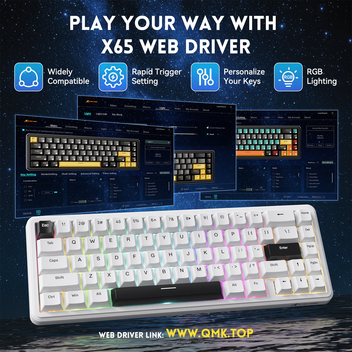 X65 HE keyboard web driver: Customize settings, Rapid Trigger, RGB Lighting.  WWW.QMK.TOP