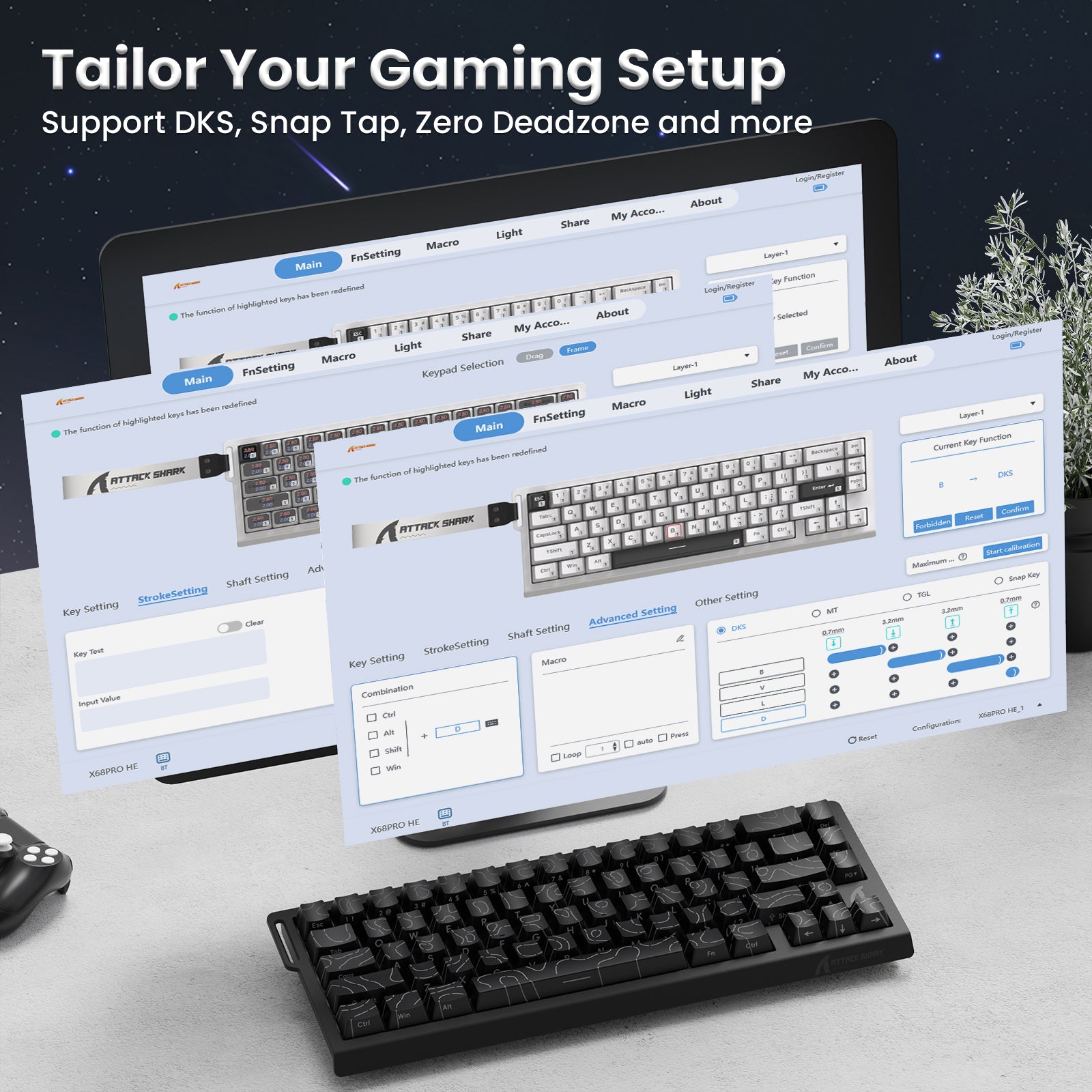 X68PRO HE gaming keyboard customization interface, showing DKS and macro settings. Black 60% keyboard.