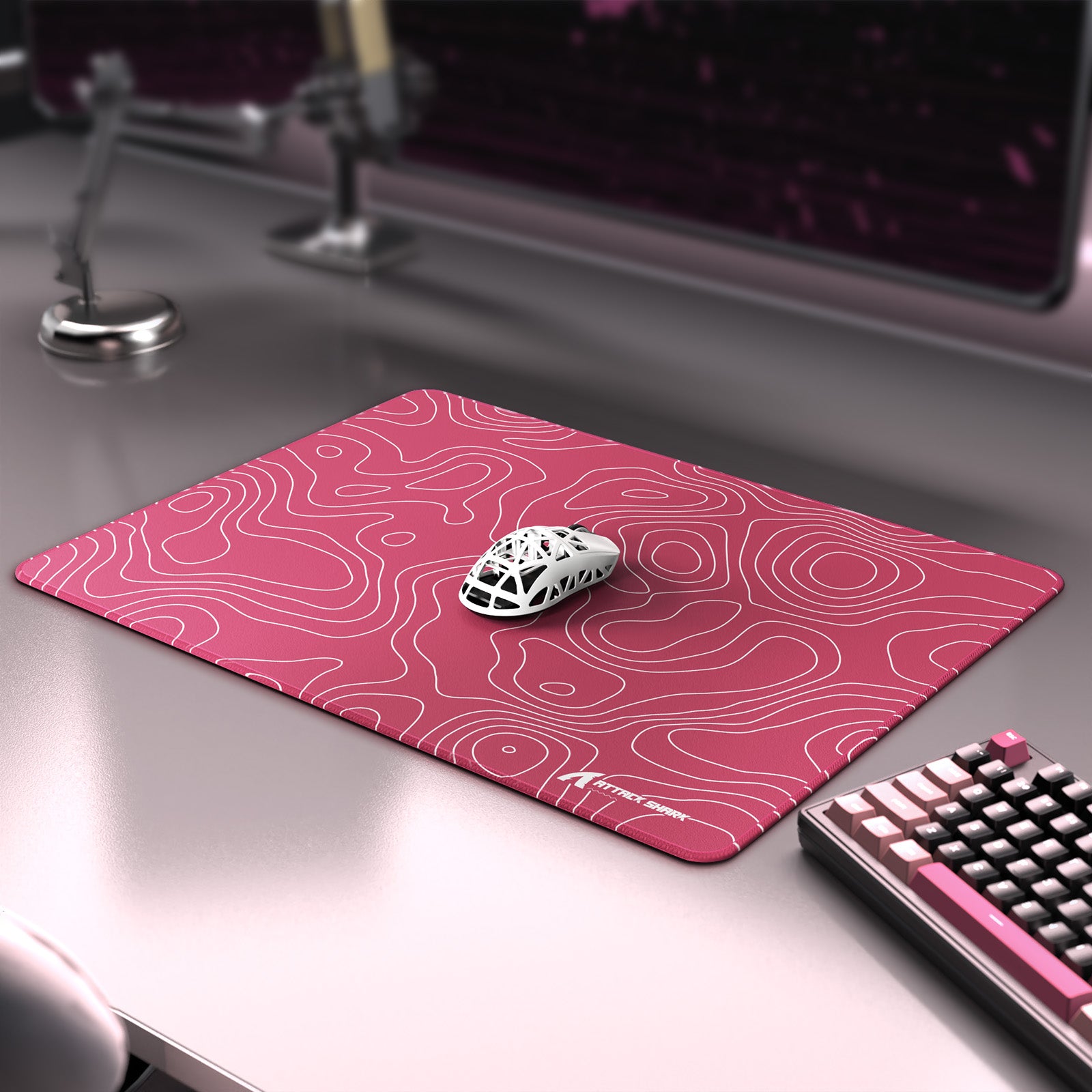 Pink ATTACK SHARK CM02SE gaming mousepad with white contour lines on a desk