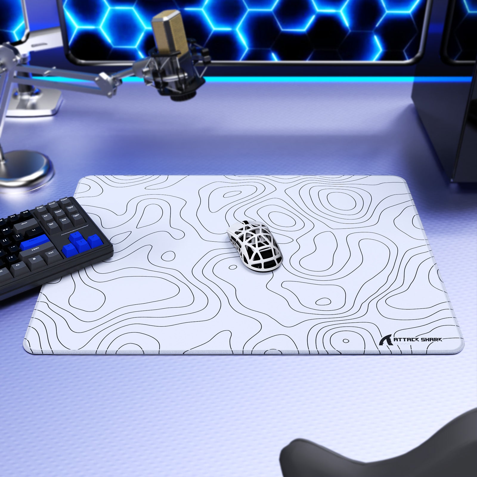 White ATTACK SHARK CM02SE gaming mousepad with contour-line pattern on a desk