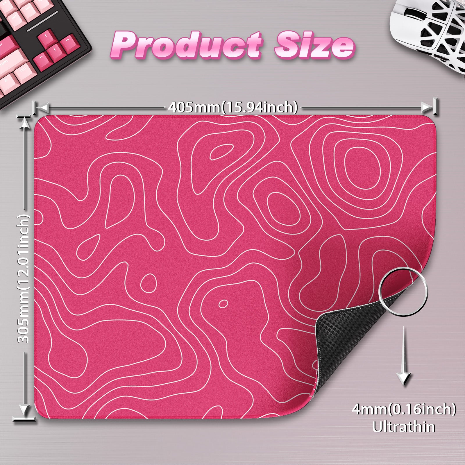 Pink ATTACK SHARK CM02SE gaming mousepad, 405x305x4mm, with contour line pattern and stitched edge