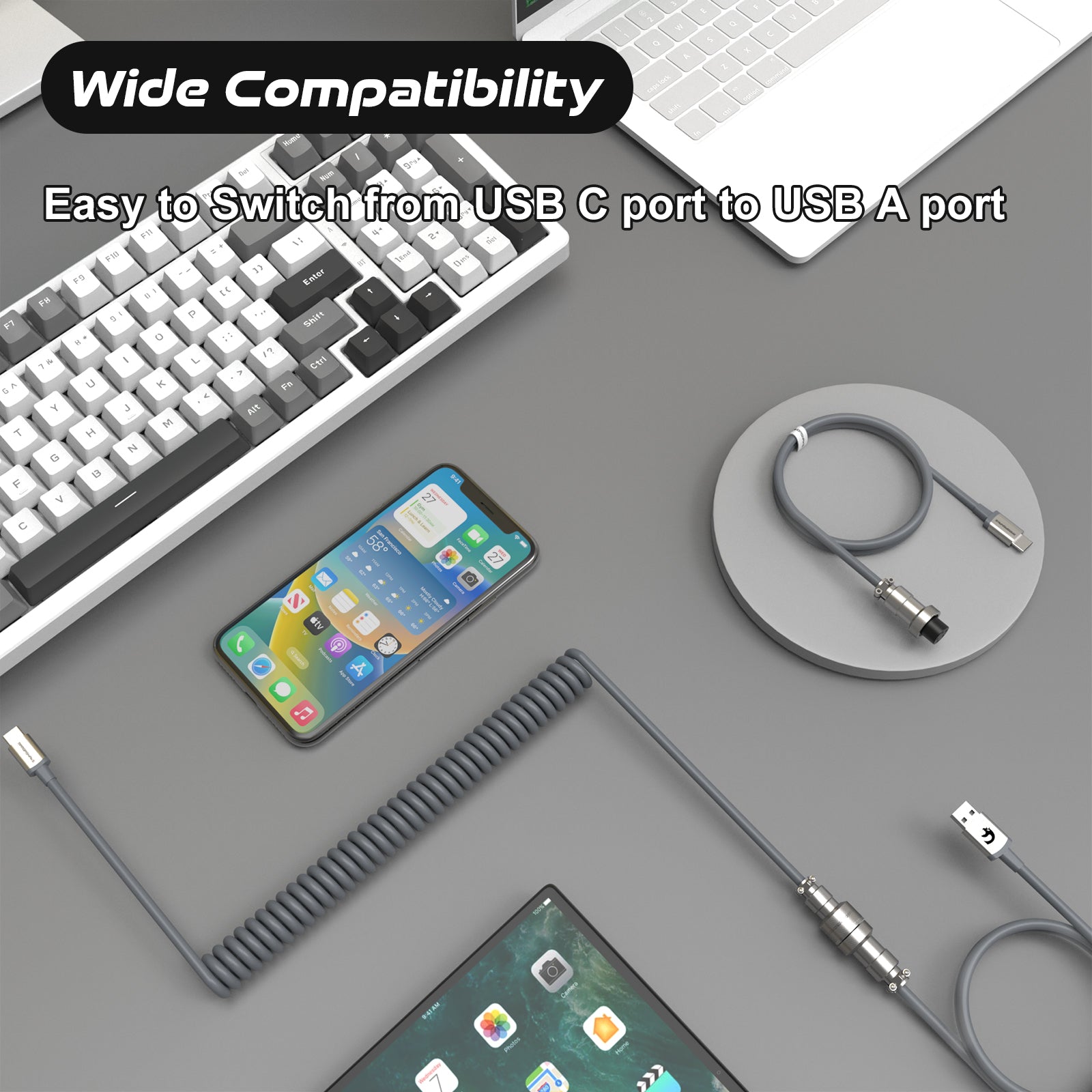 ATTACK SHARK C04 coiled USB-C cable with detachable aviation connector