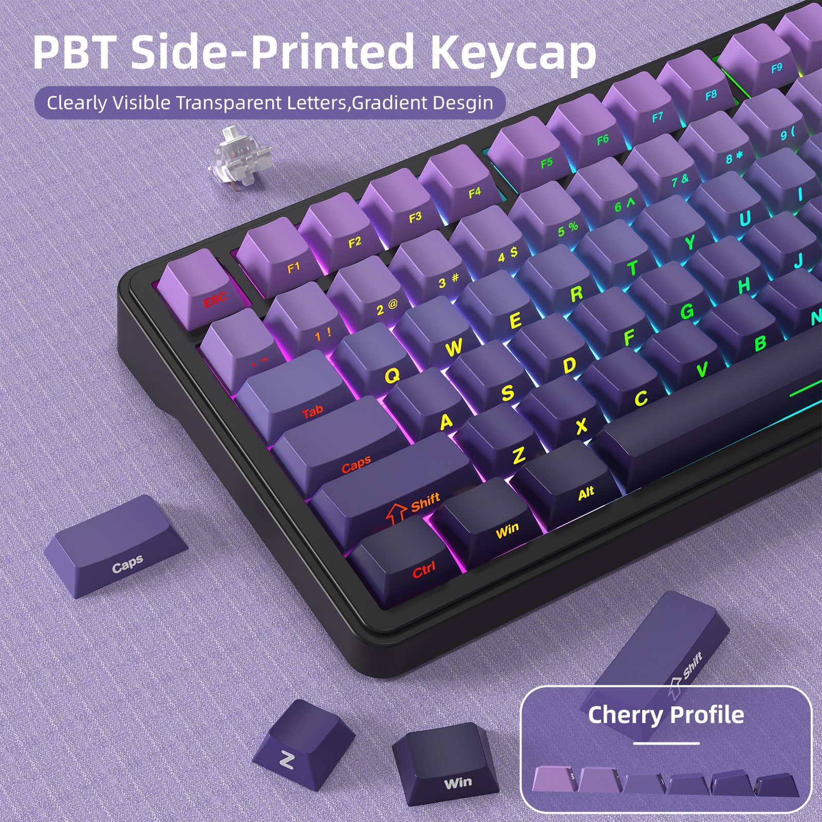 ATTACK SHARK X85 mechanical keyboard with PBT side-printed keycaps, Cherry profile, and transparent letters.